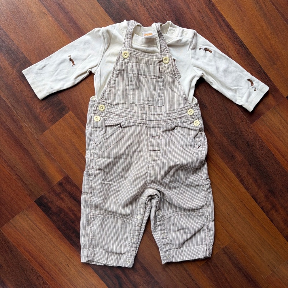 Gymboree Baby 6-12M Hickory Stripe Overalls Dachshund Shirt Set 2006 Vintage